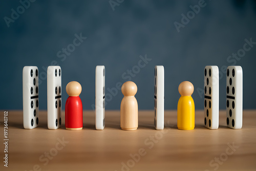 Colorful wooden peg figures separated by white domino tiles