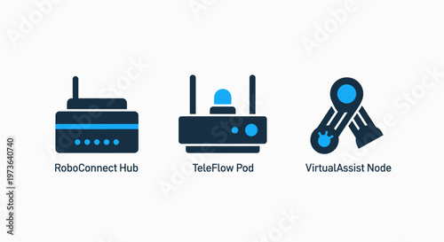 Network hardware and virtualization technology icons featuring a central command hub, flow pad, and mechanical virtualization node in blue and black vector style