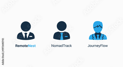 Professional user profile and digital identity icons representing remote workers and business travelers with titles for remote nest, nomad track, and journey flow
