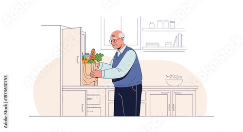 Elderly Man Unpacking Groceries in a Bright Kitchen