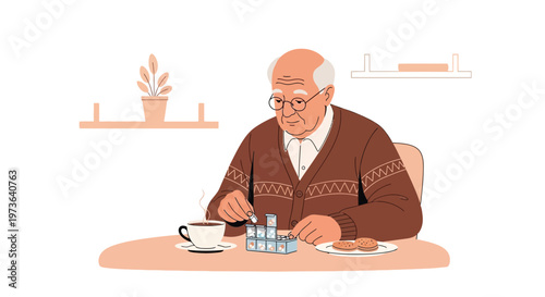 Elderly Man Taking Pills With Coffee and Breakfast at Home