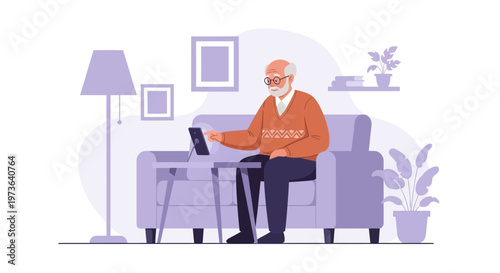 Elderly man using tablet on couch at home, modern lifestyle, technology connection