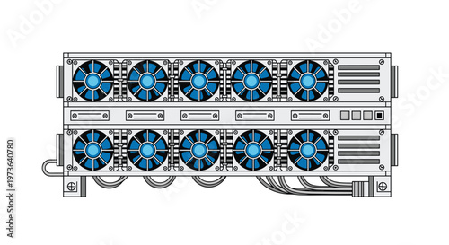 A dual-layered server rack unit equipped with multiple cooling fans and complex wiring sits in a clean environment with a professional metallic finish.