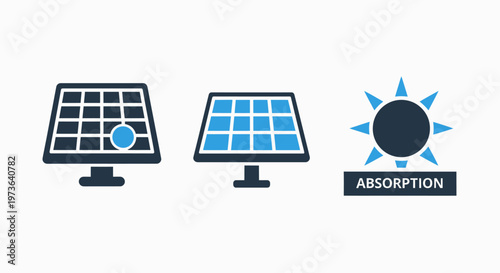 Solar energy panel icons and light absorption symbol set