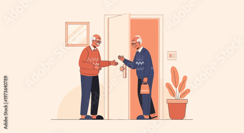 Elderly man visiting friend at home, welcoming gesture, friendship, senior lifestyle