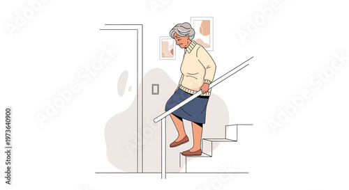 Elderly Woman Carefully Climbing Stairs Holding Handrail, Senior Independence Concept