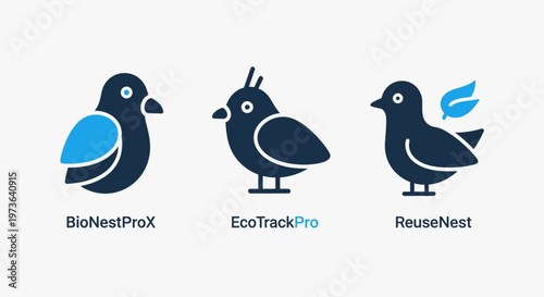 Flat vector bird icon set featuring three stylized avian characters for environmental and ecological branding identity including bio nest pro x eco track pin and reuse nest concepts on white