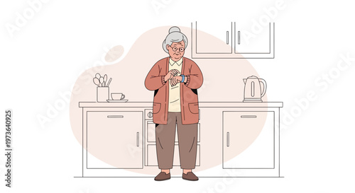 Elderly Woman Checking Smartwatch in Modern Kitchen