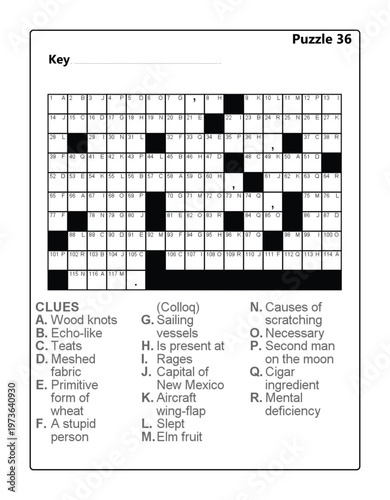 Printable Word Cryptogram Puzzle 36 - Brain Teaser with Clues and Answer Key 36