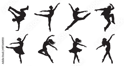 Dance Performance Silhouettes Set Pack. Editable Vector Stroke Illustration. featuring dance, dancer, ballet, hiphop, contemporary, jazz, modern, movement, pose, silhouette,woman more silhouettes.
