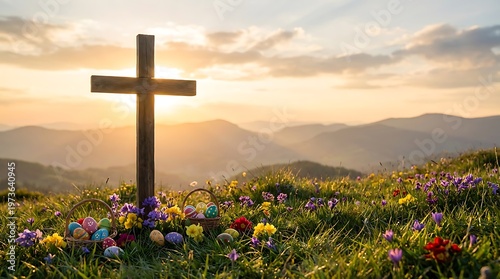 Christian cross on hill with blooming flowers during sunset representing faith hope and peaceful spiritual landscape