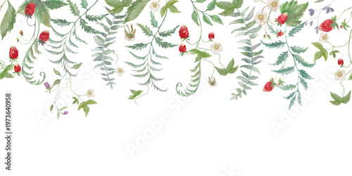 
Watercolor Wild Strawberry and Fern Leaves Seamless Horizontal Border. Hand drawn illustration isolated on white background. Vector EPS.