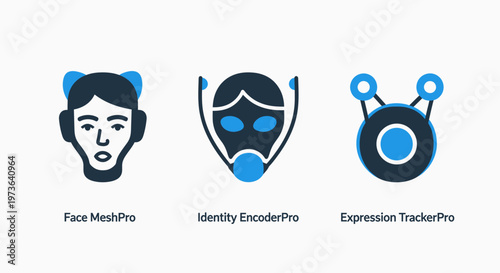 Face mesh and identity encoder facial expression tracking software icons for biometric security