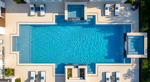 Overhead View of Modern Resort Swimming Pool with Lounge Chairs