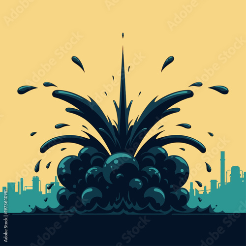 a massive oil spill erupting in an industrial area gushing dark crude oil and symbolizing environmental disaster and fossil fuel impact