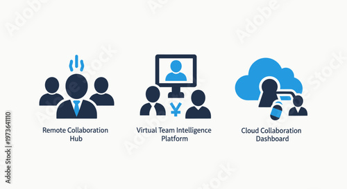 Remote collaboration icons featuring a virtual team resilience platform and cloud dashboard hub for modern distributed workforce and business connectivity
