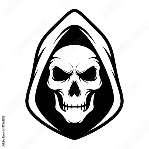 A black and white illustration of a grim reaper skull
