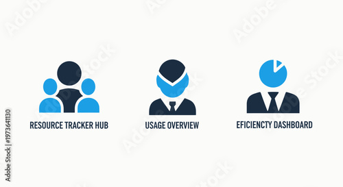 Business resource management and efficiency dashboard icons representing usage overview and team tracking metrics