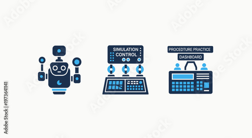 Industrial automation and simulation control panel icons for advanced machine management and system monitoring