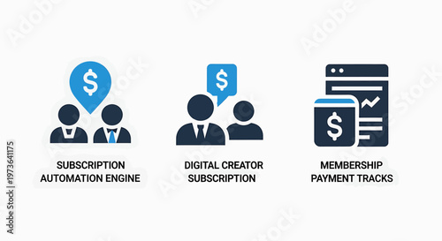 Subscription automation engine, digital creator subscription, and membership payment tracking icons