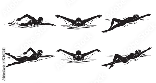 Swimming Styles Silhouettes Set Pack. Editable Vector Stroke Illustration. featuring swimmer, swimming, sport, athlete, vector, illustration, graphic, design, black, silhouette, icon more silhouettes.