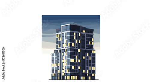 A modern apartment building at night with glowing yellow windows is depicted in a flat vector style against a dark atmospheric sky on a white background.