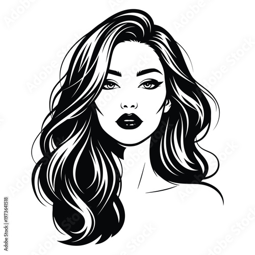 Beautiful woman with long wavy hair, portrait illustration