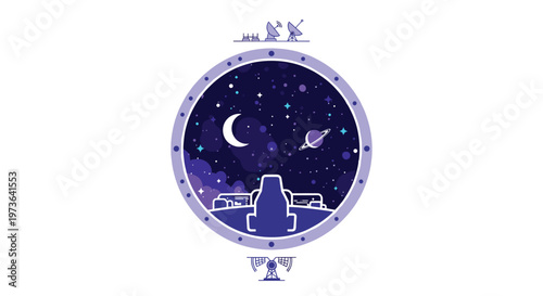 A circular space-themed view through a porthole reveals a crescent moon and a ringed planet floating in a starry galaxy against a stark white background.