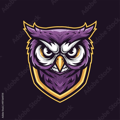 Intense purple owl mascot with sharp eyes and beak, ready for action.