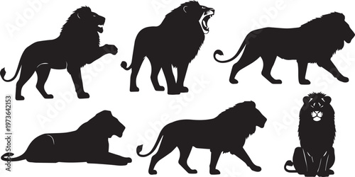 Set of Lion Silhouettes in Various Poses and Stances