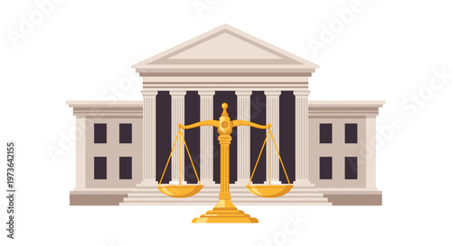 Ornate gold colored scale of justice positioned prominently in front of a classical courthouse building with tall pillars in a clean flat graphic style.