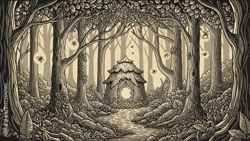 Enchanted Forest Hut with Fireflies and Mystical Atmosphere