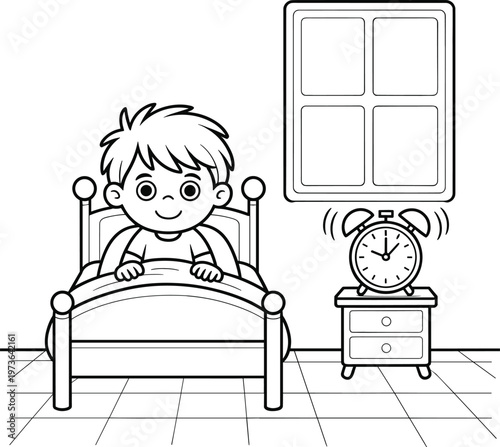 waking up in bedroom with alarm clock black and white outline
