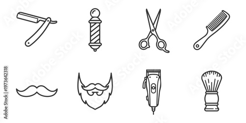 Barber shop flat vector icons including razor pole scissors comb shaving brush mustache beard and clipper are presented on a clean white background
