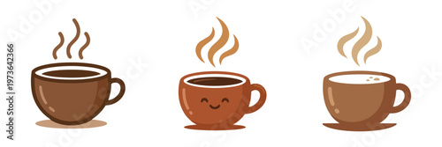 Coffee cups are steaming in this set including one with a happy face and another with frothy milk