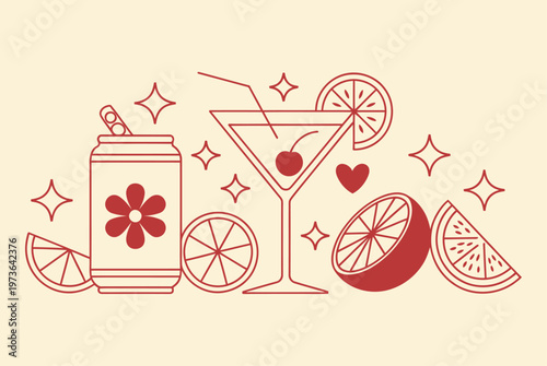Cocktail and soda can with citrus doodle vector illustration