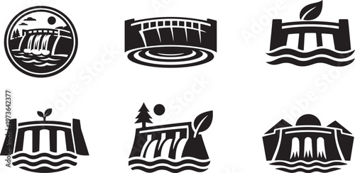 Simple eco dam icon set with water reservoir symbols minimal silhouette isolated