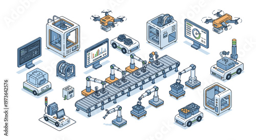 An isometric view of a factory floor featuring robotic arms, conveyor belts, drones, 3D printers, and monitoring screens in cool blue tones throughout.