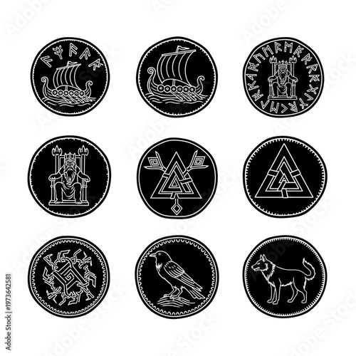 Norse Runes Viking Symbols Odin Ravens Wolves Ship Ancient Glyphs