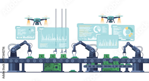 Robotic arms on a conveyor belt assemble circuit boards, while drones hover above, all monitored by large, glowing digital data screens in production.