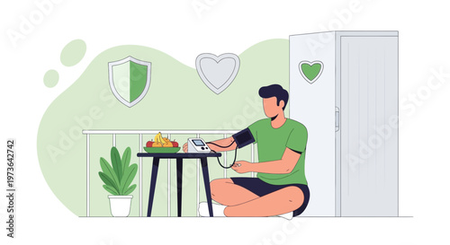 Man checking blood pressure at home, healthy lifestyle, heart health, medical checkup