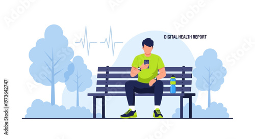 Man checking health app on phone while sitting on park bench with water bottle