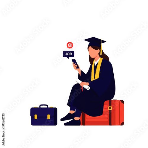 Vector flat design illustration of a graduate in cap and gown searching for jobs on a smartphone with a briefcase