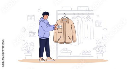 Man choosing clothes from wardrobe, jacket on hanger, organization, daily routine
