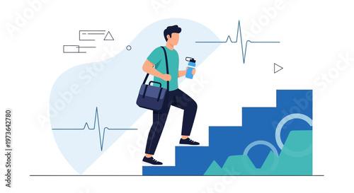 Man climbing stairs with gym bag and water bottle, healthy lifestyle concept