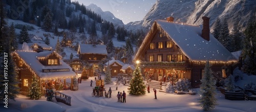 Enchanting Snowy Mountain Village with Dazzling Christmas Lights and Falling Snow