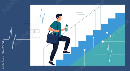 Man climbing stairs with briefcase and water bottle, healthy lifestyle, career progress
