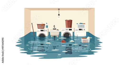 A basement laundry room is severely flooded, with appliances partially submerged and water ripples visible on the surface during an intense home disaster.