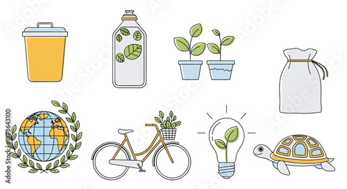 Collection of eco friendly icons including a recycling bin reusable bottle potted plants organic bag bicycle and turtle.