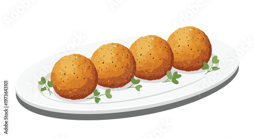 Set of four golden brown deep fried balls served on an elegant white oval plate garnished with fresh green herbs.